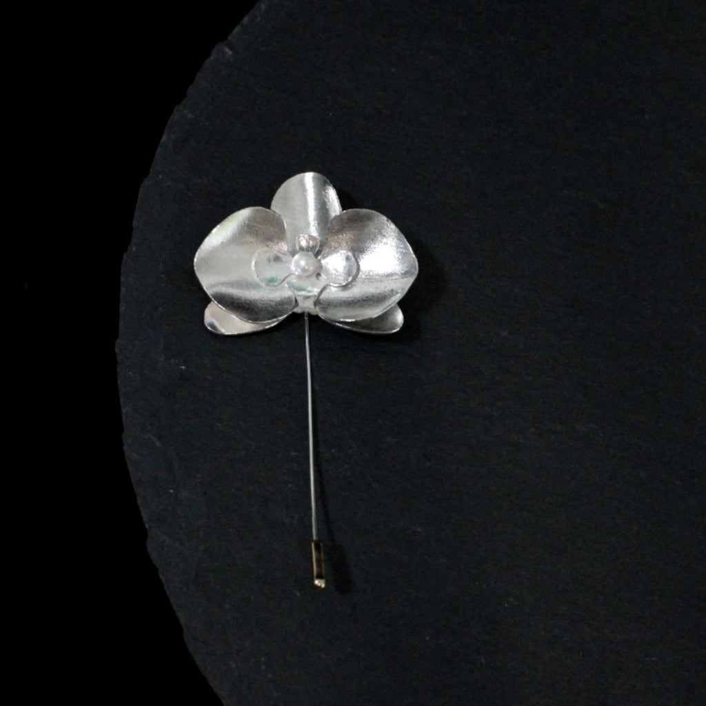 Argentium silver orchid lapel pin with white pearl