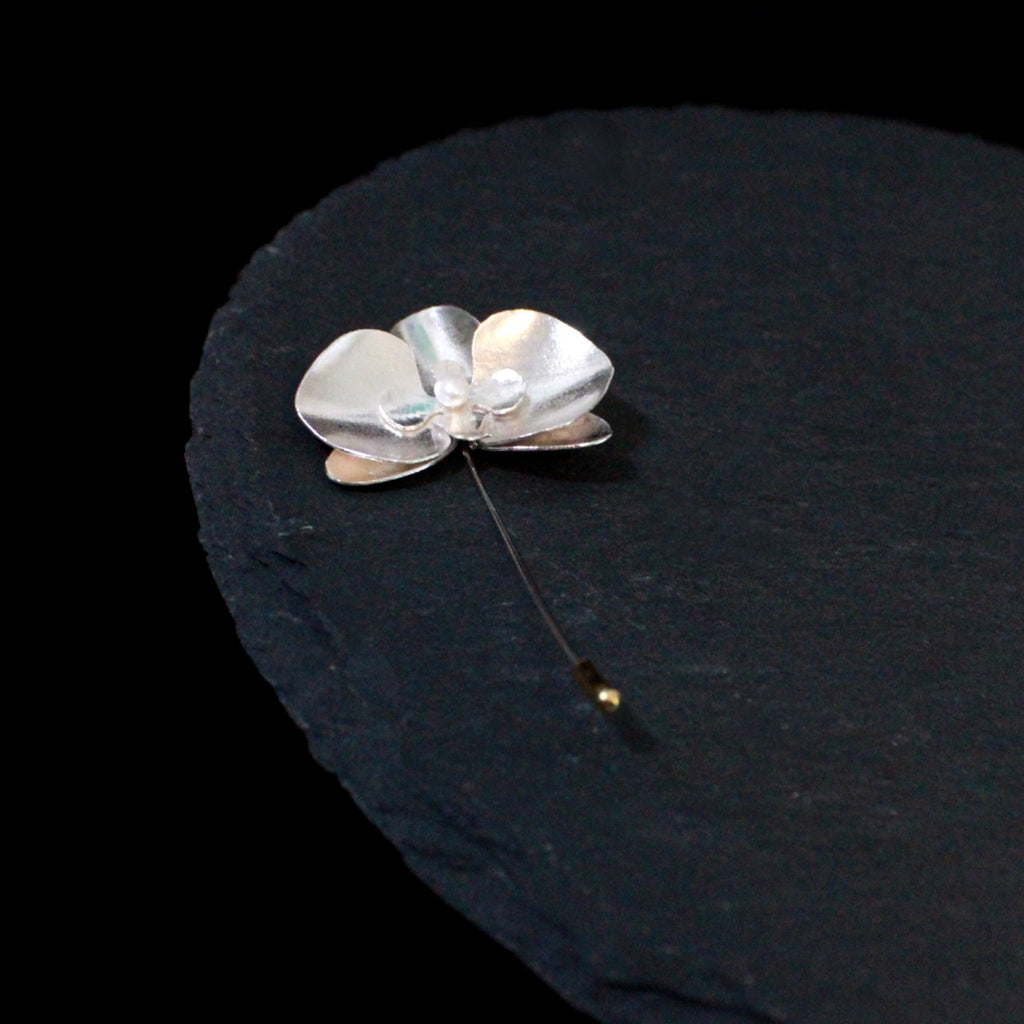 Argentium silver orchid lapel pin with white pearl