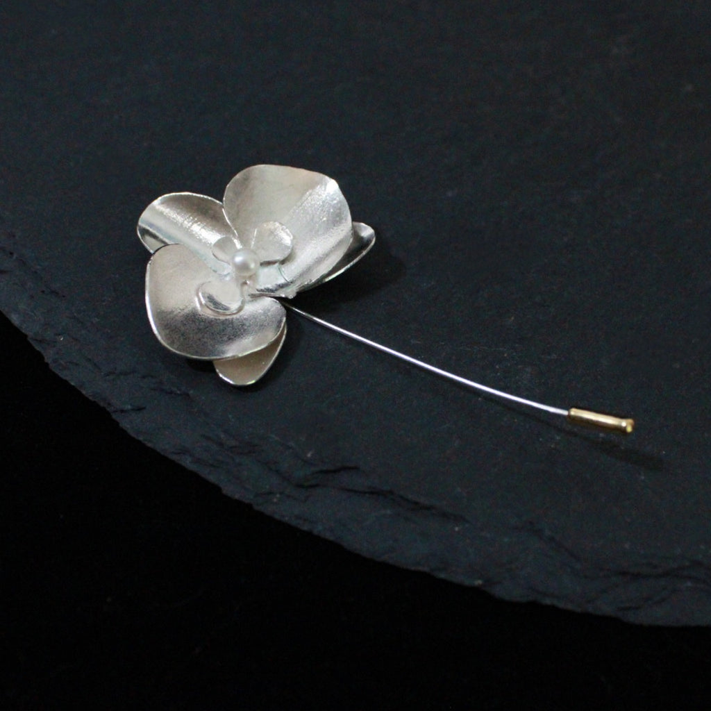 Argentium silver orchid lapel pin with white pearl
