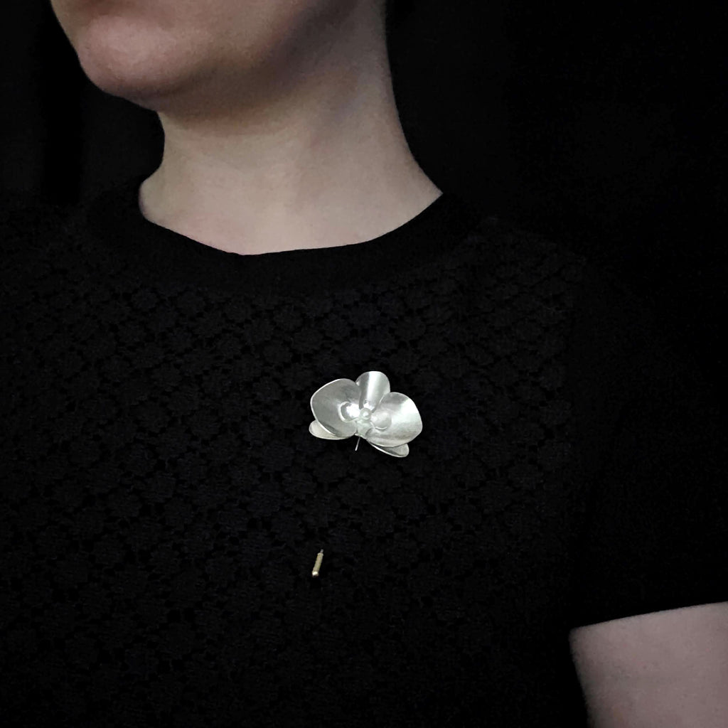 Argentium silver orchid lapel pin with white pearl