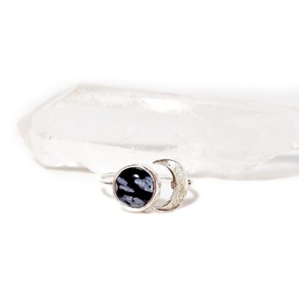 snowflake obsidian crescent moon ring