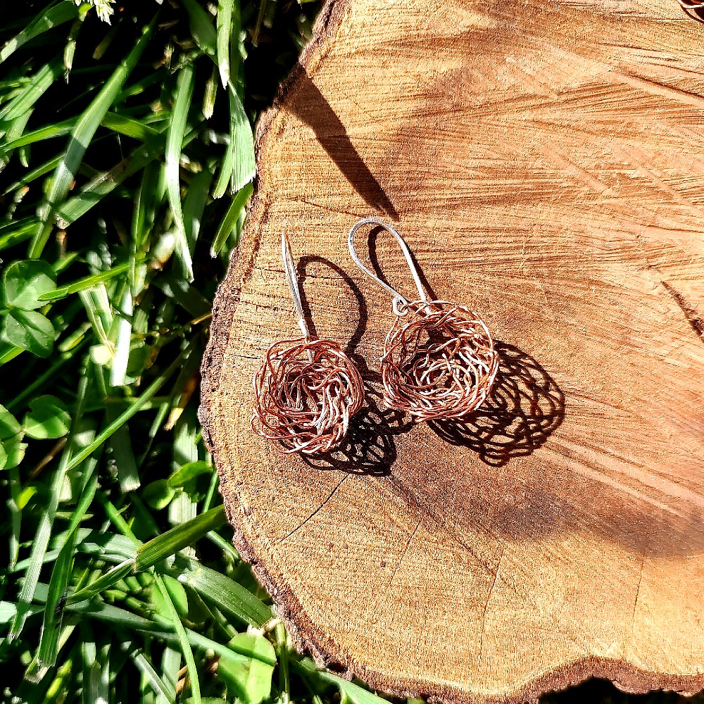 Copper Bird Nest Earrings-Md - Ravena Metalworks