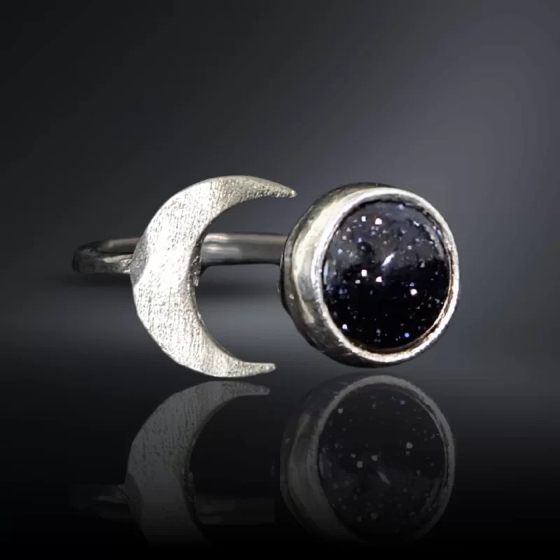 Blue Goldstone Crescent Moon Ring