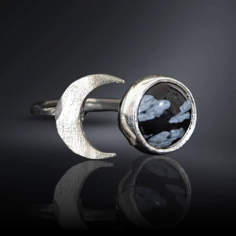 Snowflake Obsidian Crescent Moon Ring